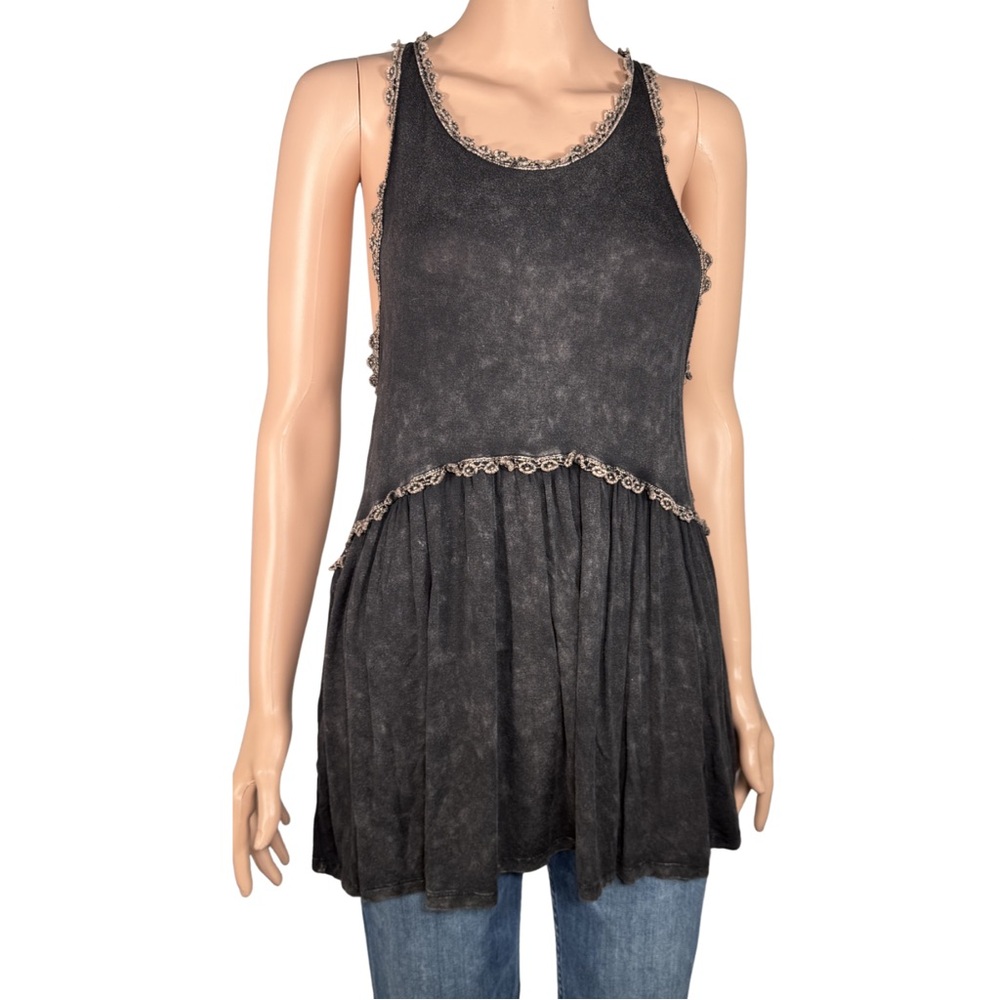 POL Washed Black Sleeveless Tunic‎ Tank with Brown Trim – Size S